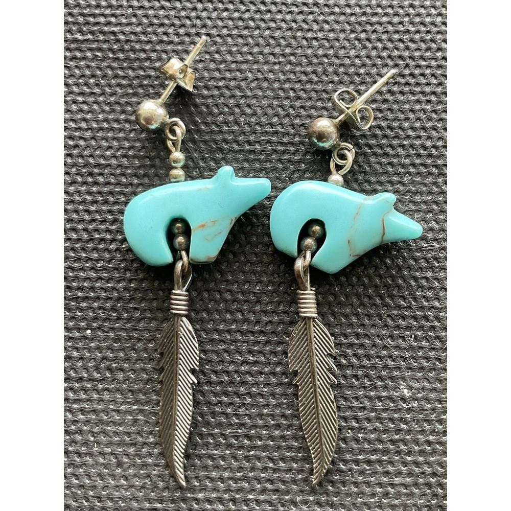 Vintage Southwest sterling silver bear fetish Turquoise dangle Earrings